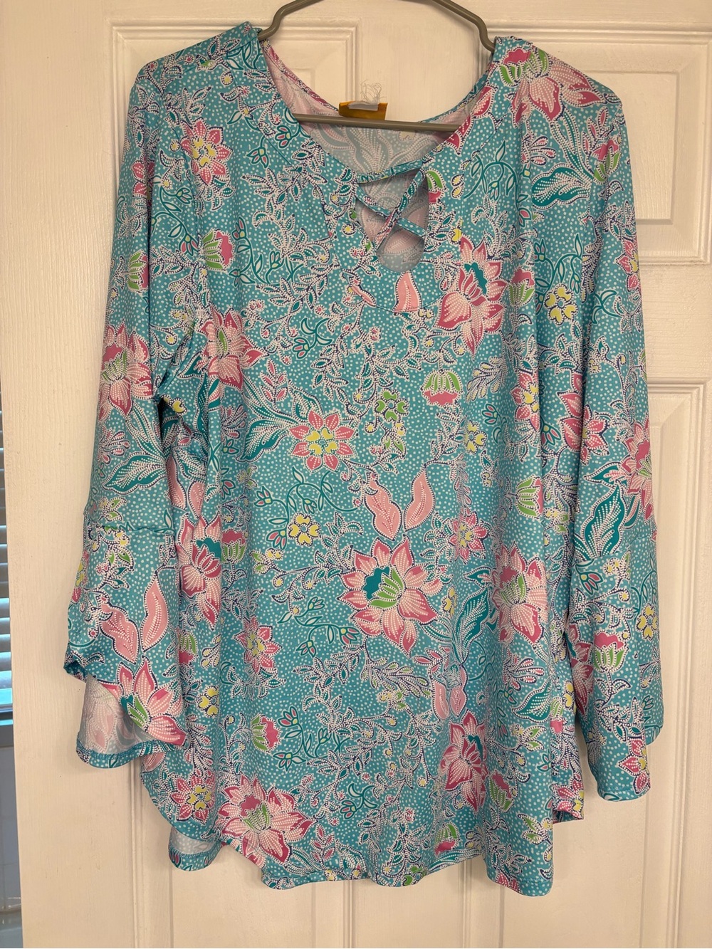 Ruby Rd. Floral Lace-Up Tunic Top in Aqua, Pink and Green